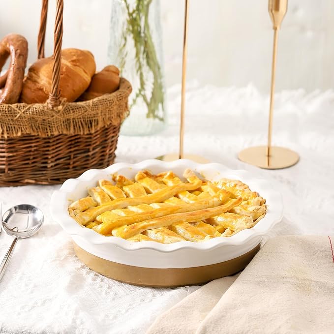 HASENSE Ceramic Pie Pan, 9 Inch Quiche Pie Dish for Baking, Apple Pie, Tart, and Cake, Farmhouse White Round Baking Dish, Microwave & Oven Safe, Ideal Gift for Kitchen