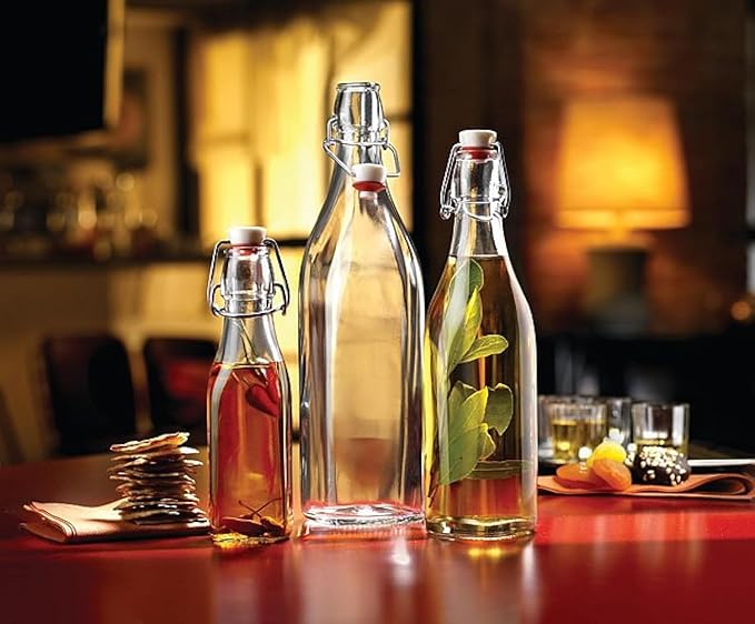 Bormioli Rocco Swing 17 oz. Square Swing-Top Glass Bottle with Airtight Seal and Metal Clamp for Drinks, Juices, Wine, or Dressings, Single Bottle