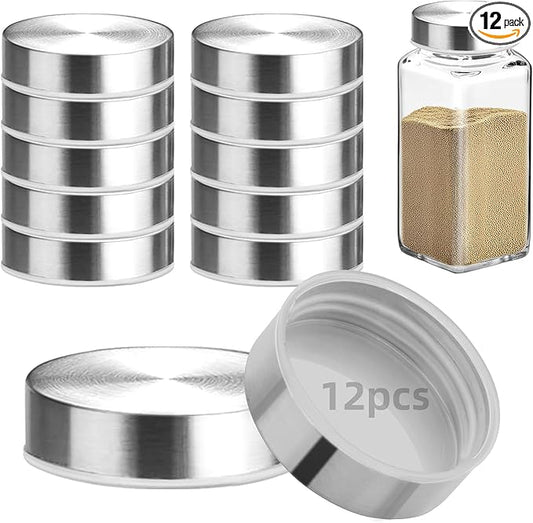 12Pcs 304 Stainless steel Jar Lids for 4 oz and 6 oz Square Spice Jars Reusable Can Airtight Spice Storage Canning Lids for Nice Sealing Kitchen (12)