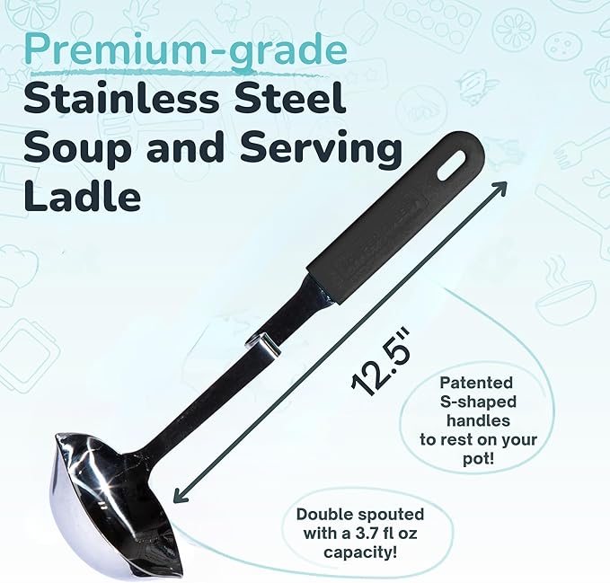 Souper Cubes + Lori Greiner No Mess Stainless Steel Soup Ladle with Silicone Handle - Metal Soup Ladle with No Mess Design That Hooks on Side of Any Pot - Cranberry