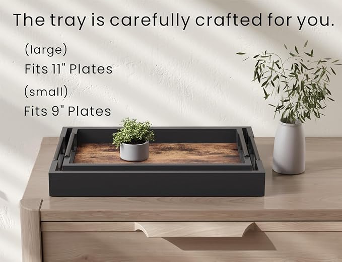 Wooden Set of 2 Serving Tray with Metal Handles,Ottoman Decorative Trays Platter for Coffee Table,Living Room,Bar,Party