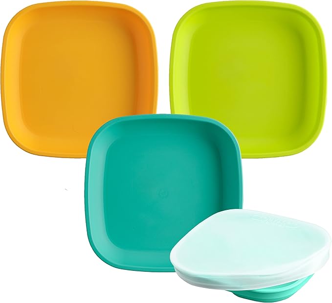 Re-Play 7" Flat Plate with Silicone Lid - Made in USA - Made with Medical-Grade Platinum Silicone - With 1 Lid - Aqua Asst - 3 Pack