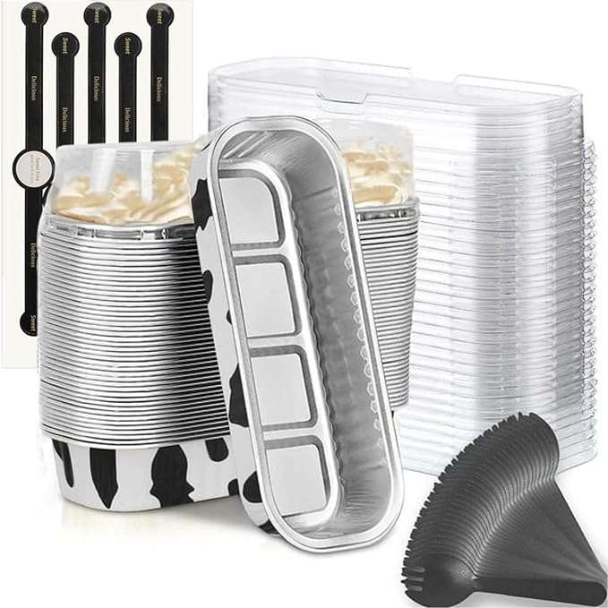 Mini Loaf Baking Pans with Lids and Spoons (50 Pack, 6.8oz) Rectangle Aluminum Foil Baking Pans Tins Containers - Cupcake Containers Wrappers Cheesecake Creme Brulee Ramekins