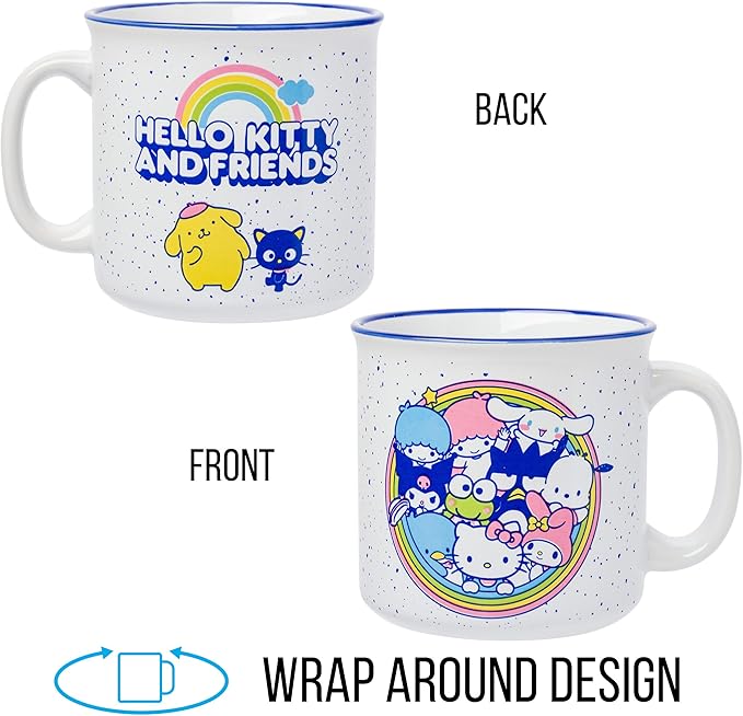 Silver Buffalo Sanrio Hello Kitty Friends Featuring Little Twin Stars, Cinnamoroll, Kuromi, Keroppi, Badtz-Maru, Pochacco, Tuxedo Sam, My Melody, Pompompurin, Chococat Ceramic Camper Mug, 20 Ounces