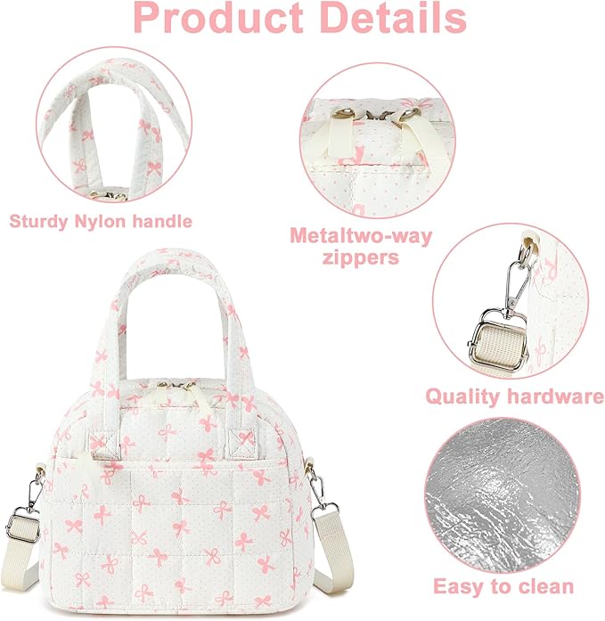 LEDAOU Lunch Box for Women girls Lunch bag Quilted Puffer Lunch Box with Adjustable Strap Insulated Reusable LunchBox for Work School Picnic Travel (Pink Bow)