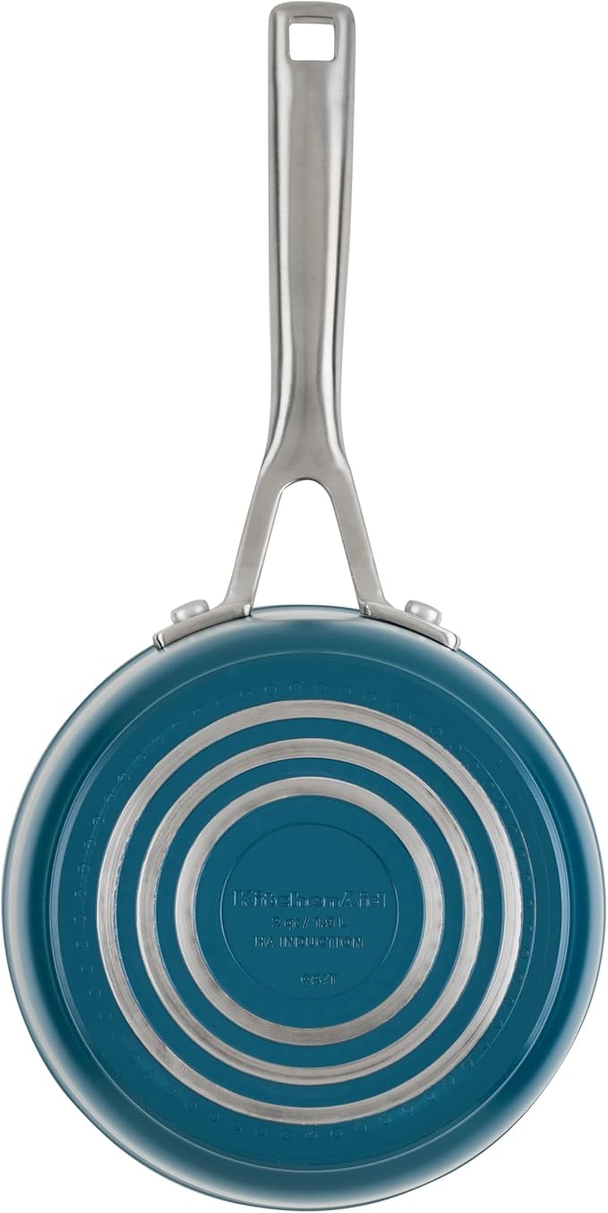 KitchenAid Hard Anodized Ceramic Induction Nonstick Cookware Saucepan with Lid, Dishwasher Safe, 2 Quart Non Stick Sauce Pan with Stainless Steel Handle - Agave Blue