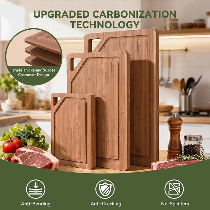 Bamboo Cutting Boards for Kitchen, Wood Cutting Boards with Deep Juice Grooves, 3-Pack Bamboo Cutting Board Set with Holder, Chopping Board & Charcuterie Board for Meal Prep & Serving