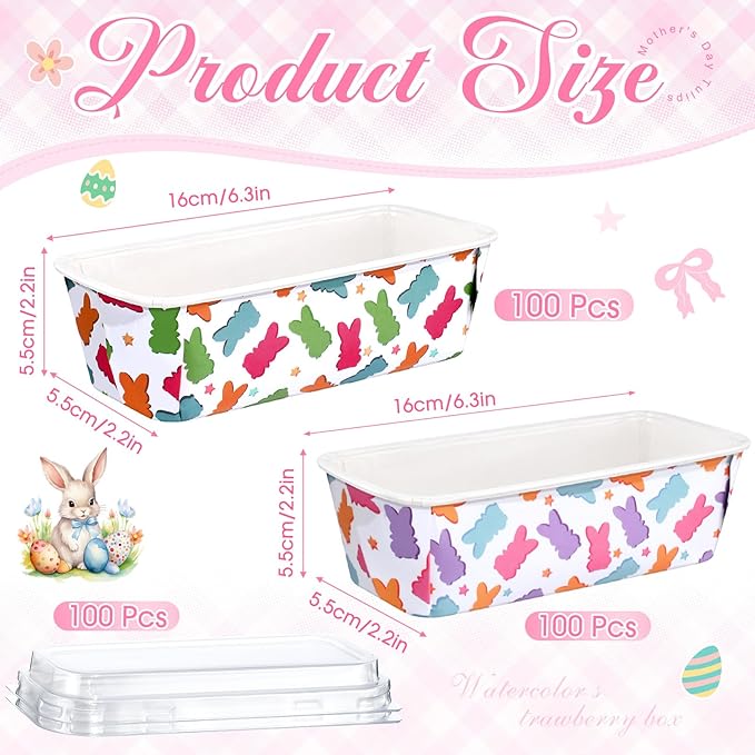 LemonRoad 100 Pcs Easter Bunny Mini Loaf Pans with Lids 6.3 x 2.2 x 2.2 Inch Disposable Paper Baking Pans Bulk, Easter Baby Shower Baking Party Supplies for Cake Bread Oven Bakery