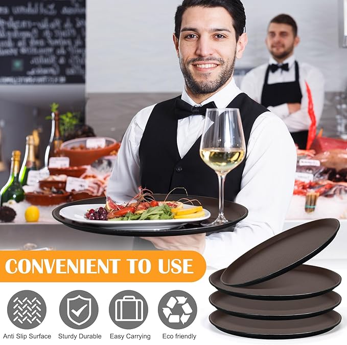 4 Pcs 16 Inch Restaurant Serving Trays, Black Plastic Non Slip Round Tray, Large Food Crawfish Server Tray for Home, Restaurant, Kitchen, Cafeteria, Bar, Hotel (Brown)