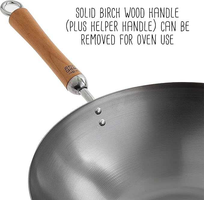 JOYCE CHEN Classic Series 14-Inch Uncoated Carbon Steel Wok Set with Lid and Birch Handles, 4 Pieces