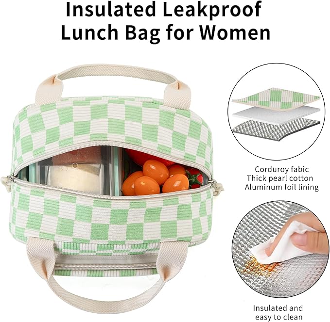 Lunch Bag Women Lunch Box for Women Adult Cute Insulated Lunch Bag Small Cooler Lunch Tote Bags for Work Picnic Travel (Beige-Light Green Plaid)