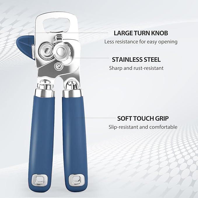 Can Opener Manual, Heavy Duty Stainless Steel Smooth Edge Can Opener With Soft Touch Handle, Oversized Handheld Easy Turn Knob, Multi-Function Bottle Opener, Blue