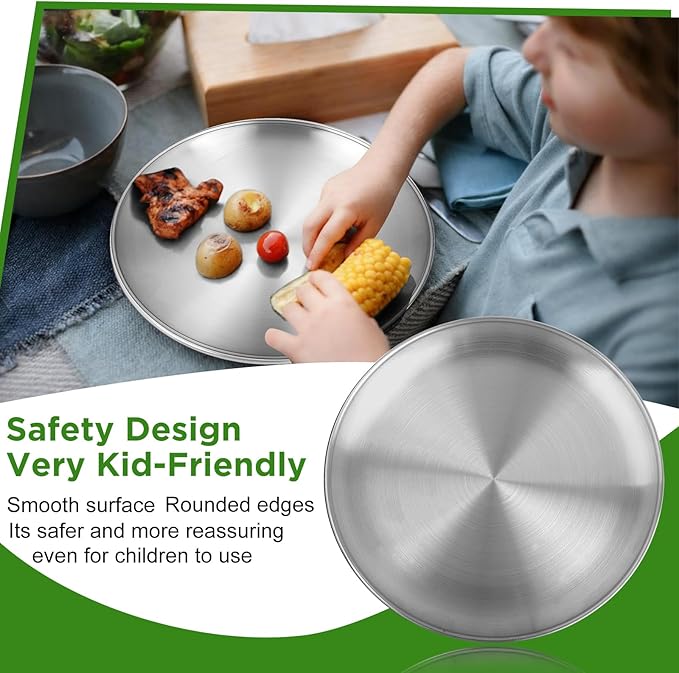 Stainless Steel Plates,10 inch Round Metal Food Serving Plate, Dinner Plates for Outdoor Camping Hiking, Party Serving, Feeding,Non Toxic & Reusable, Dishwasher Safe