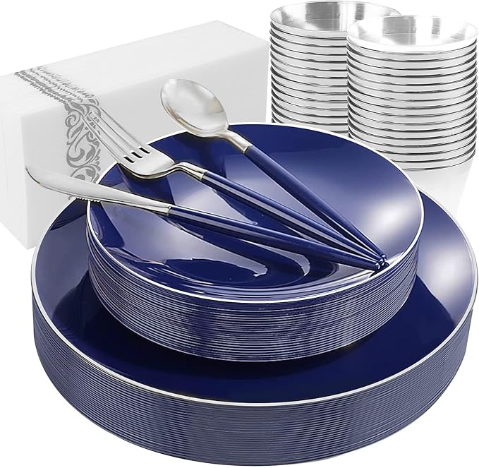KIRE 175Pcs Blue Plastic Plates with Silver Rim & Disposable Silverware with Blue Handle & Silver-rim Cups & Hand Napkin & Plastic Dinnerware for Parties/Wedding/Passover