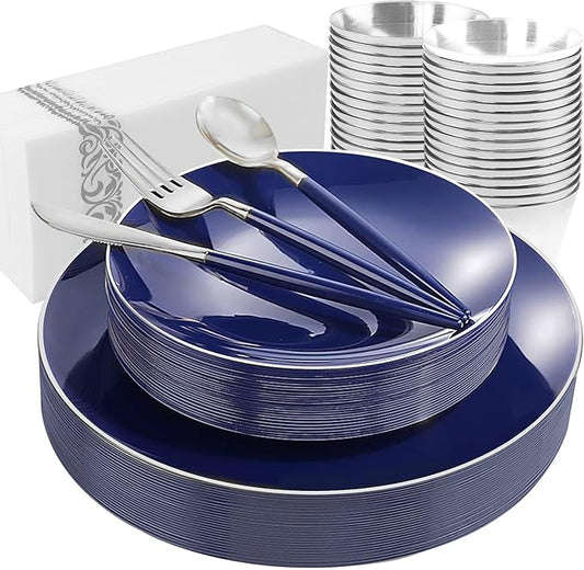KIRE 175Pcs Blue Plastic Plates with Silver Rim & Disposable Silverware with Blue Handle & Silver-rim Cups & Hand Napkin & Plastic Dinnerware for Parties/Wedding/Passover