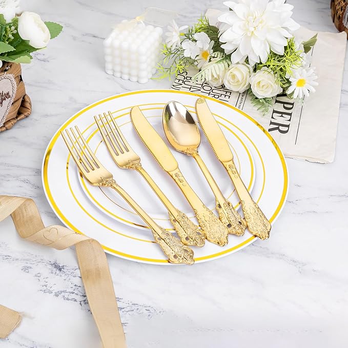 WDF 120PCS Gold Plastic Silverware - Heavy Duty Gold Plastic Cutlery Set Disposable Utensils - 40 Forks, 40 Spoons, 40 Knives, Perfect for Party Weeding Daily Use Baby Showe Spring