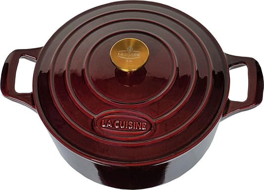 La Cuisine Enameled Cast Iron Dutch Oven Casserole Dish Pot with Lid, 5 QT 10.3“ /26cm Dia. Internal Matt Black Enamel Coating Gold-Plated SS Lid Handle Oven Safe up to 500° F, Cranberry