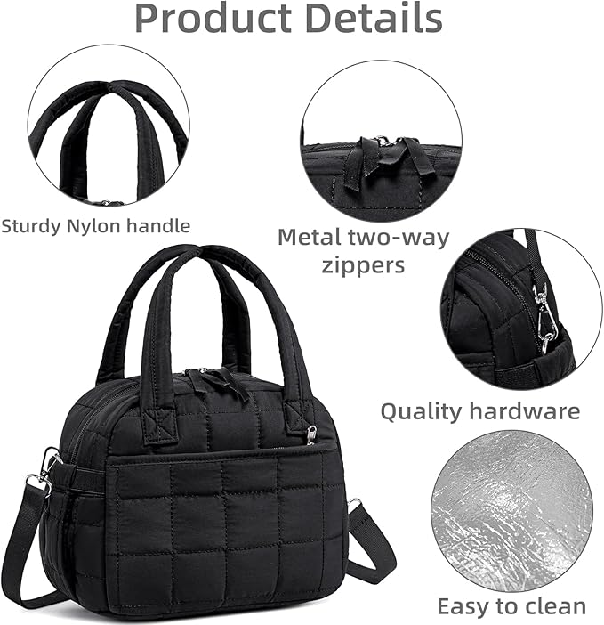 LEDAOU Lunch Box for Women Lunch bag Quilted Puffer Lunch Box with Adjustable Strap Insulated Reusable Lunch Tote for Work School Picnic Travel