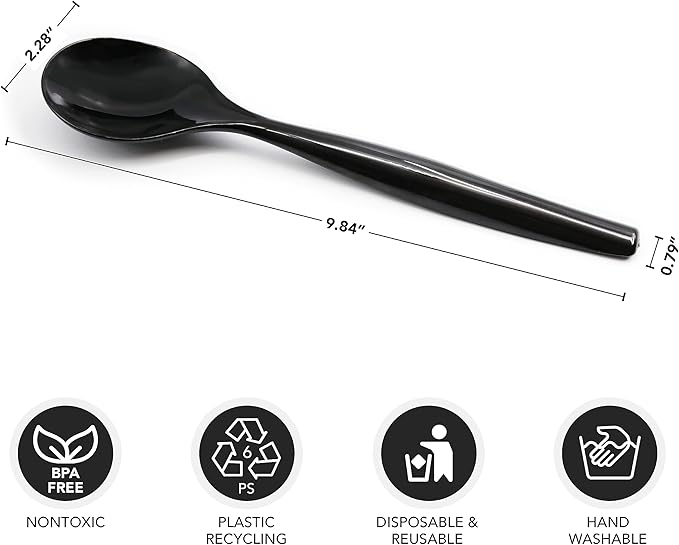 Party Essentials Disposable Heavy Duty Plastic Serving Utensils for Buffets Events Parties, 18-Count 10" Spoons, Black