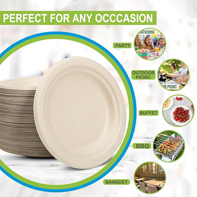 Disposable Large Paper Plates 9 Inch (Brown) - 100 Counts Heavy Duty Natural Bagasse Plates, Compostable & Leak-Proof, Microwave Safe for Thanksgiving Feast, Outdoor BBQ Ribs & Rustic Wedding