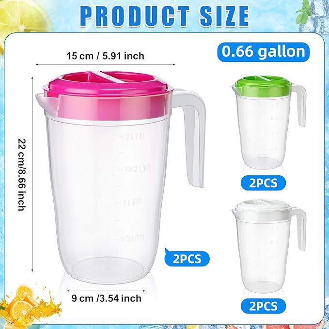 LemonRoad 6 Pcs 2 L Plastic Pitcher with Lid Water Iced Tea Pitchers Drink Container with Twist Cover Tea Jug for Fridge for Water Juice and Fridge Storage, Dishwasher and Freezer Safe(Mixed Color)