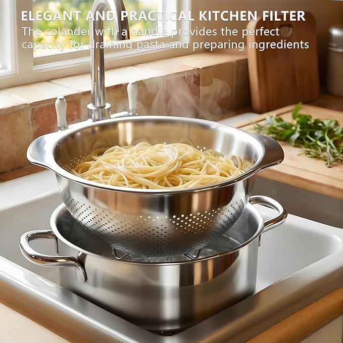 18/8 Stainless Steel Strainer and Colander for Kitchen, Large Strainers and Colanders, Food Strainers Fine Mesh with Handle for Spaghetti, Pasta, Rice, Fruit, Vegetables, Noodles (5QT)