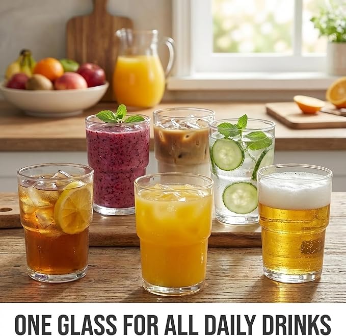 Stackable Drinking Glasses (Set of 6) – 13oz Clear Glass Cups for Iced Coffee, Juice & Beer – Modern Space Saving Highball Tumblers with Smart Non-Stick Design – Heavy Base & Dishwasher Safe