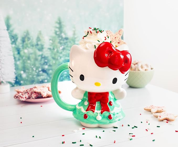Silver Buffalo Sanrio Hello Kitty Holiday Christmas Tree Dress 3D Sculpted Ceramic Mug, 20 Ounces