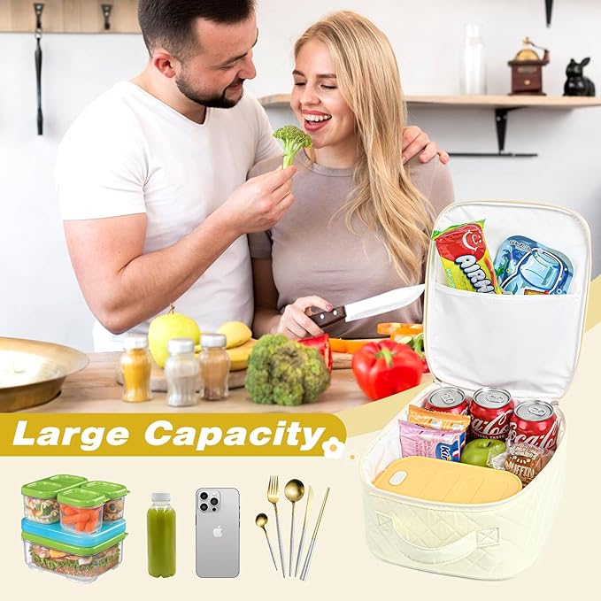 Aileam Lunch Box Lunch Bag for Women Cute Girls Lunch Box Insulated Womens Lunch Bag For Work Quilted Large Capacity Reusable Insulated Cooler for Work School Picnic Travel, Cream White