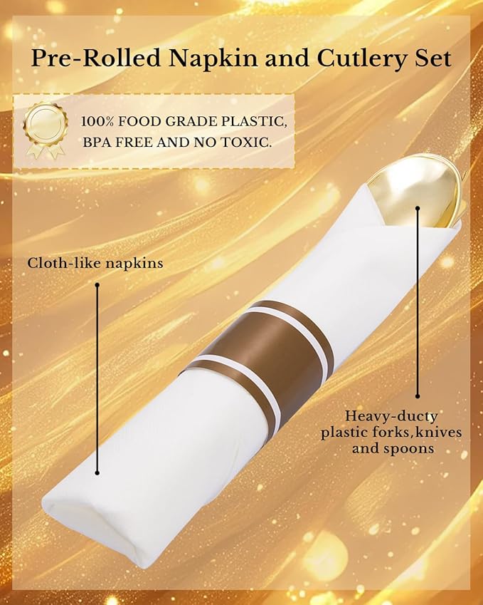 Supernal 240 Pcs Pre Rolled Napkins with Gold Plastic Silverware - 60 Sets Elegant Disposable Wrapped Cutlery: Heavy Duty Gold Forks, Knives, Spoons for Weddings, Parties, & Catering Events