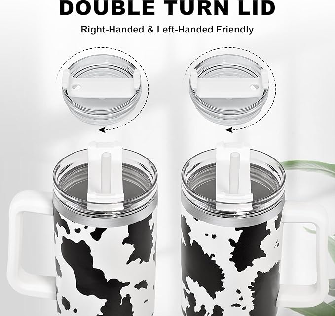40 oz Cow Tumbler with Handle and Straw, 100% Leak-Proof Travel Mug, Stainless Steel Double Wall Vacuum Insulated Coffee Cup Keeps Cold For 34 Hours, White Cow