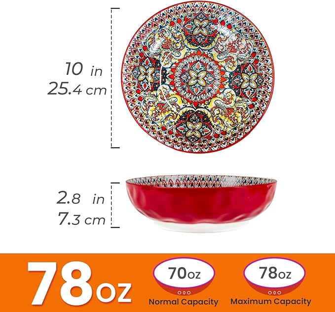 Large Serving Bowls, 10 inch Porcelain Bowls,75 Oz Fruit Salad Soups & Pasta Bowls for Entertaining, Dinner, Party - Stylish Decorative Dishes, Set of 2, Microwave & Dishwasher Safe - RED