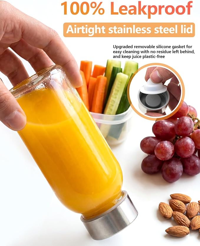 Zukro 8 oz Glass Water Bottles with Lids, Reusable Clear Juice Bottles With Stainless Steel Airtight Cap for Juicing, Ginger Shot, Milk, 250ml Leak Proof Small Smoothie Container, BPA Free, Set of 4