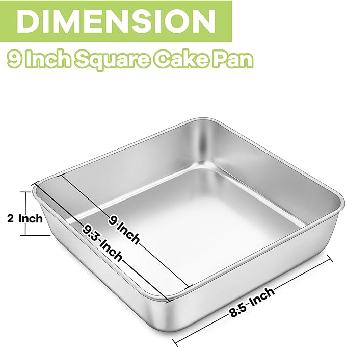 TeamFar Square Cake Pan, 9 Inch Stainless Steel Square Baking Roasting Pan for Cake Brownie Lasagna, Non-Toxic & Heavy Duty, One Piece Design & Smooth, Dishwasher Safe & Easy Clean