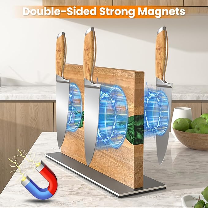 Magnetic Knife Block with Sharpening Stone and Stainless Steel Magnetic Knife Strip, Emojoy Double Side Magnetic Knife Holder, Acacia Wood Knife Block and Green Resin