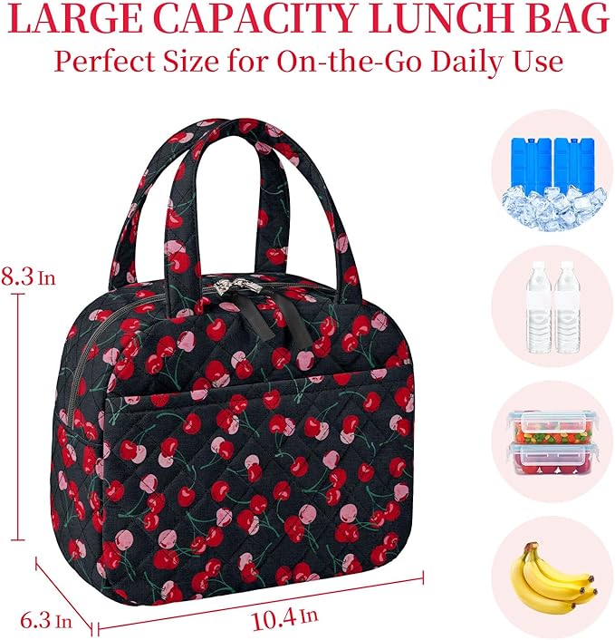 Quilted Lunch Box for Women,Coquette Aesthetic Lunch Box for Teen Girls,Cute Cherry Lunch Bags for Work, School,Office,Picnic,Travel (Blue Cherry)