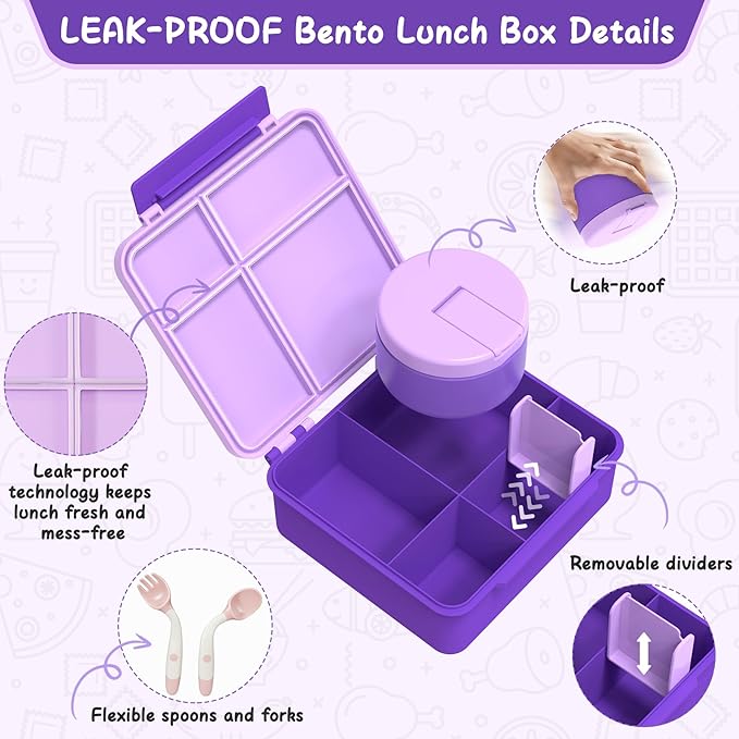 Bento Lunch Box Kids with 8oz Soup Thermo, Leak-Proof Lunch Containers with 4 Compartment, Thermo Hot Food Jar and Insulated Lunch Box for School Purple