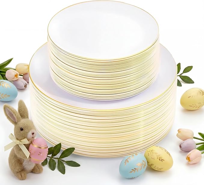 KIRE 100PCS Disposable Plates - White with Gold Rim for Easter/Wedding/Spring Party- Includes 50Pieces 10.25inch Dinner and 50Pieces 7.5inch Dessert/Salad Plates