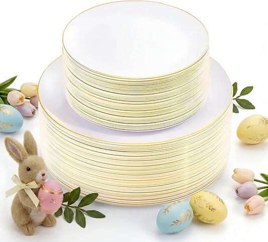 KIRE 100PCS Disposable Plates - White with Gold Rim for Easter/Wedding/Spring Party- Includes 50Pieces 10.25inch Dinner and 50Pieces 7.5inch Dessert/Salad Plates
