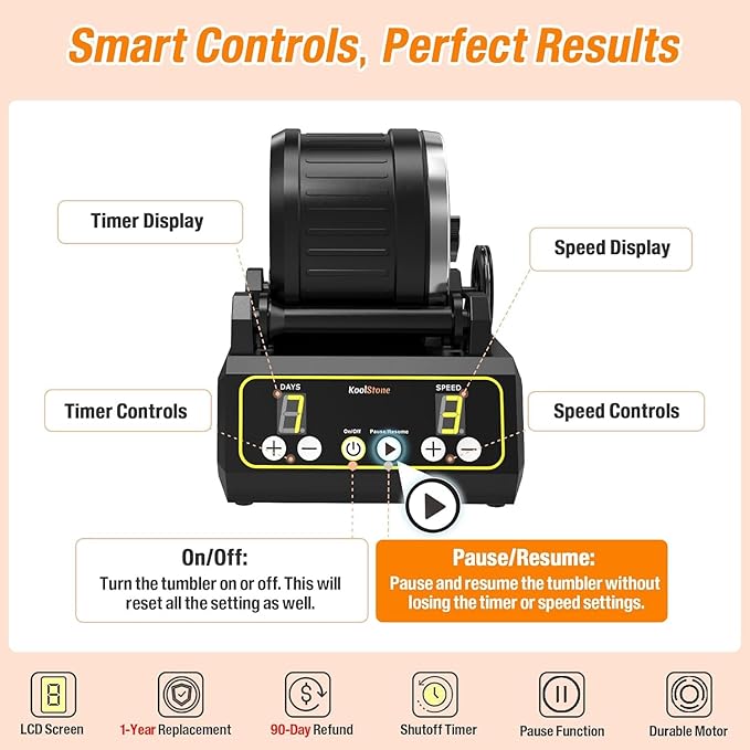 C1 Rock Tumbler Kit - Professional Large 2.5LB Capacity, Up to 5X More Noise Cancelling, Adjustable Timer & Speed with Full Accessories & Memory Function