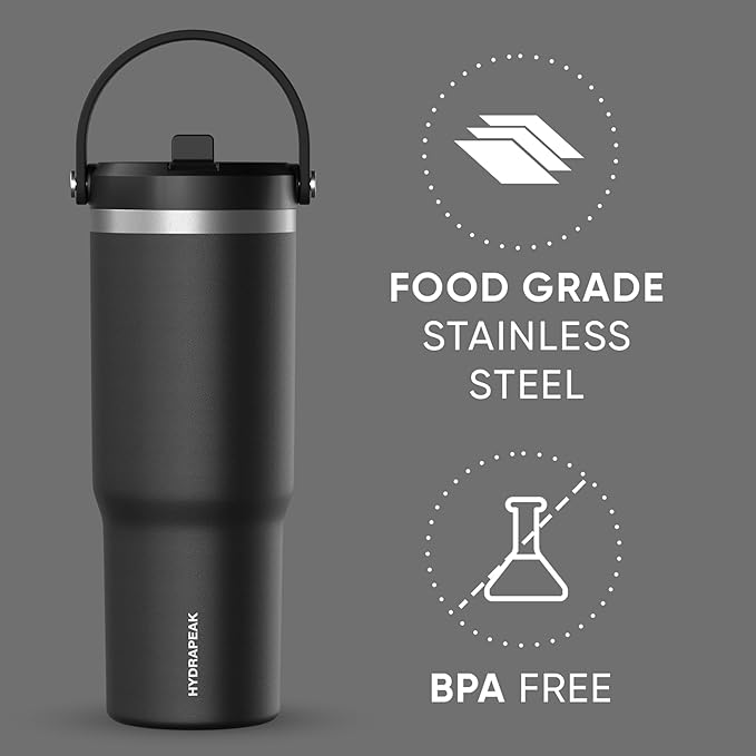 Hydrapeak Nomad 32 oz Tumbler with Handle and Straw Lid, Leakproof, Double Insulated, 32oz Cup, Stainless Steel | Black