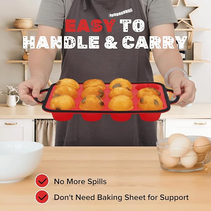 Silicone Muffin Pan, Metal Reinforced Frame Regular Size 2.8 Inch Cupcake Pan with Handle 12 Cups Nonstick Muffin Tray for Baking