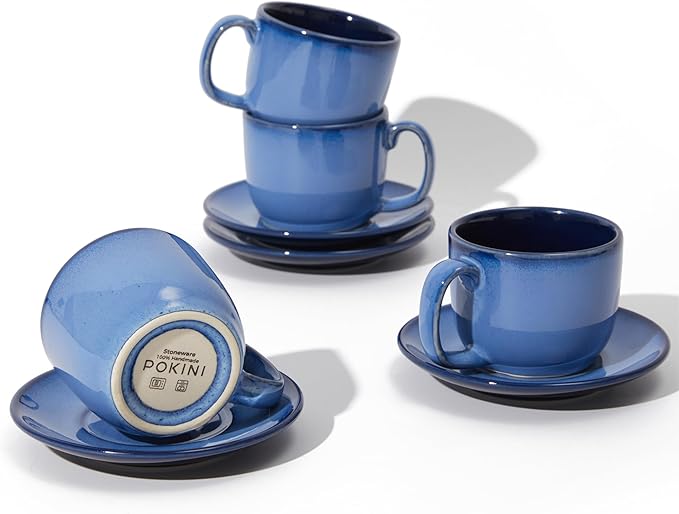 Stoneware Coffee Cups with Saucers, 6 Oz Cappuccino Cups Set of 4, Microwave & Dishwasher Safe, Perfect For Tea, Espresso, Latte, Ceramic Mugs for Kitchen or Cafe, Light Blue