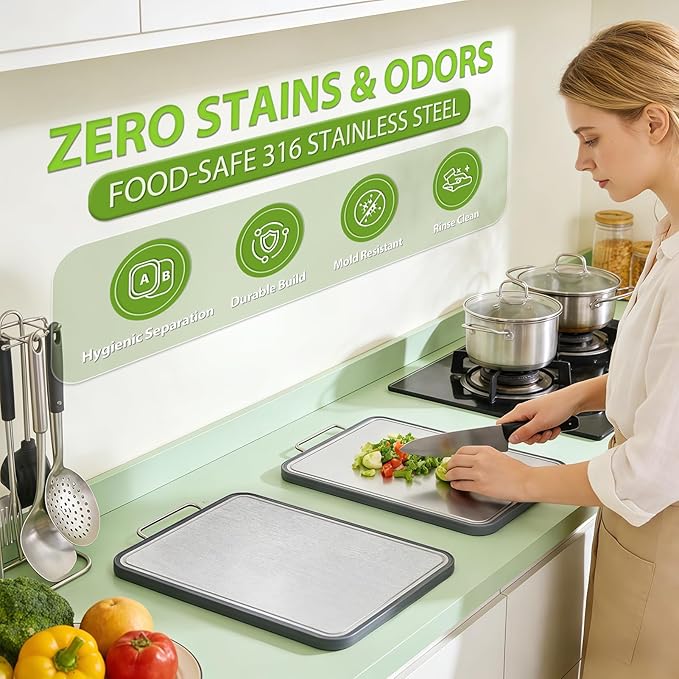 Stainless Steel Cutting Board (17x11"), Large Heavy Duty Double Sided 316 Metal Chopping Board for Kitchen, Food Grade, Deep Juice Grooves, Non-Toxic, Dishwasher Safe for Meat & Veggies