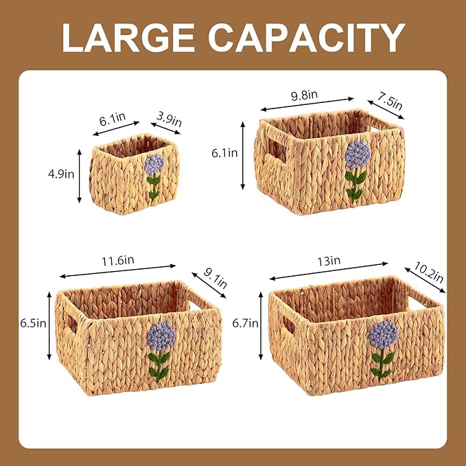 Set of 5 Water Hyacinth Pantry Baskets, Storage Baskets for Organizing, Cube Storage Bins for Shelves, Rectangle Storage Baskets with Handles, Woven Baskets for Storage - Floral