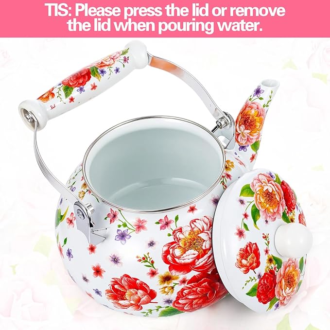 2.6 Quart Floral Enamel Tea Kettle, Vintage Enameled Teapot Stovetop, Enamel on Steel Water Coffee Tea Pot with Ceramic Handle, Colorful Hot Water Kettle for Home Kitchen Decor, No Whistling