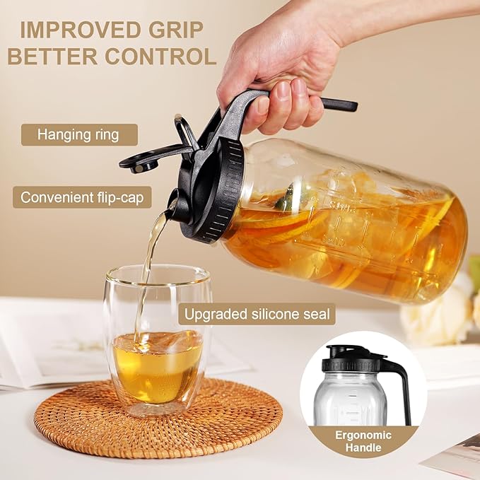 2 Pack 64 oz Glass Pitcher with Lid for Fridge, Half Gallon Pitcher with Lid, Leak Proof, Wide Mouth, 1/2 Gallon Glass Juice Jug for Ice Tea and Coffee (Black+Gray)