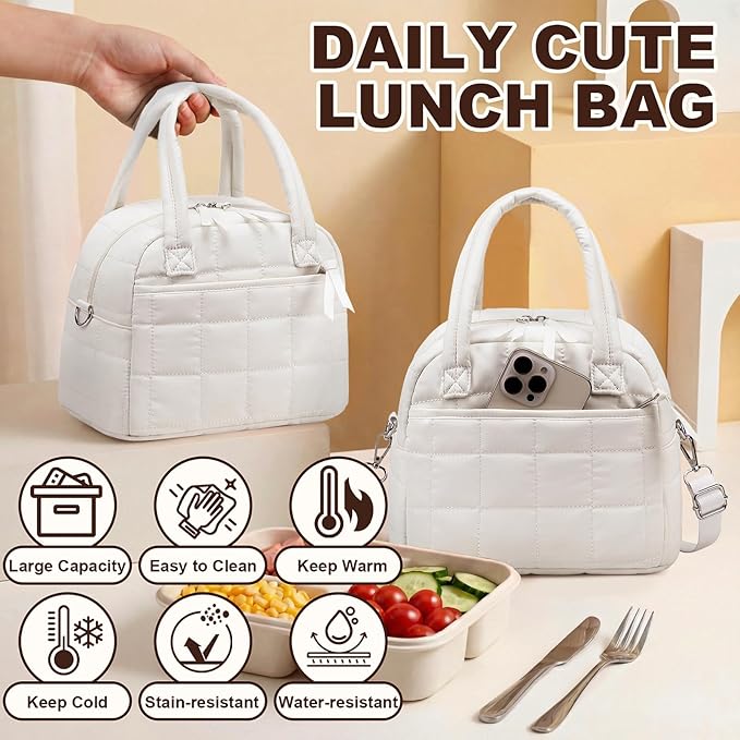LEDAOU Lunch Box for Women Lunch bag Quilted Puffer Lunch Box with Adjustable Strap Insulated Reusable LunchBox for Work School Picnic Travel