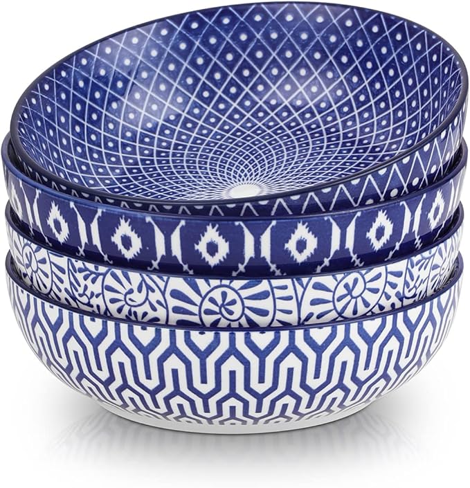 Selamica Ceramic Pasta Bowls Set of 4,Large Salad Bowls, Stackable Serving Bowls, Microwave Dishwasher Safe, 8.6 inch，50 OZ,Vintage Blue