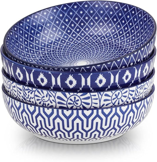 Selamica Ceramic Pasta Bowls Set of 4,Large Salad Bowls, Stackable Serving Bowls, Microwave Dishwasher Safe, 8.6 inch，50 OZ,Vintage Blue